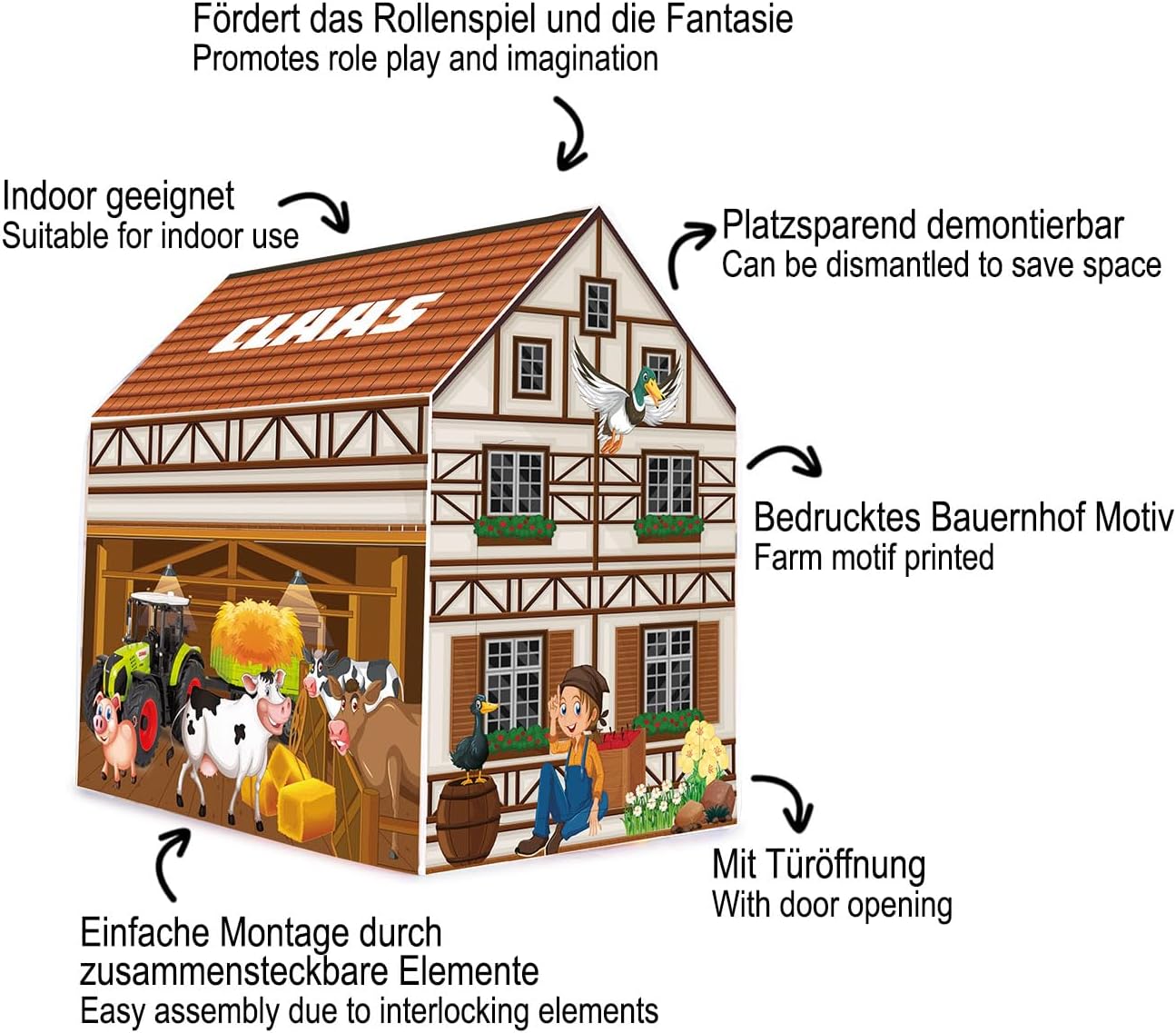 JAMARA Claas 460754 Officially Licensed Indoor Playhouse, Tent with Door Opening, Easy Assembly with Plug-In Elements, Space-Saving and Removable