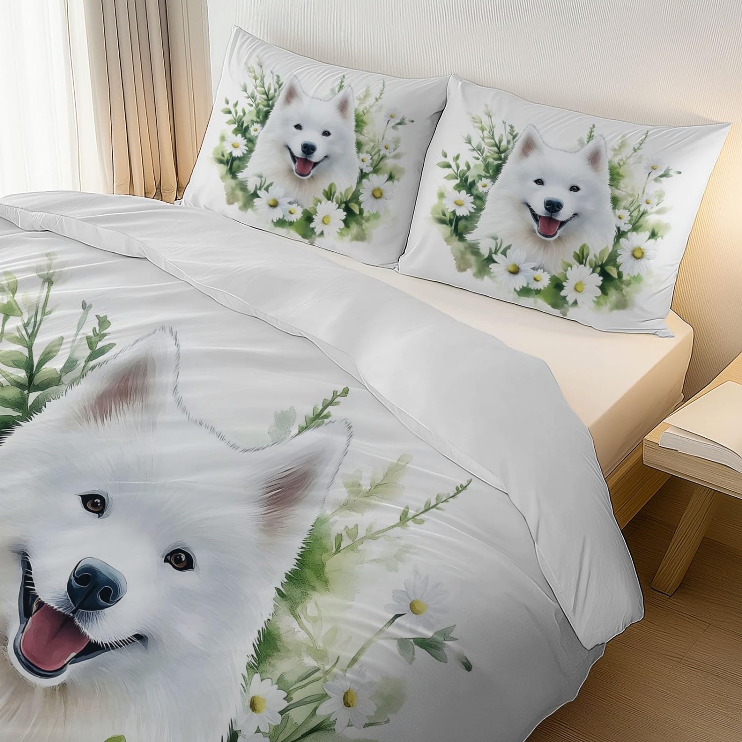Akwarela Samoyed Zwierzęta Poszwa na kołdrę z mikrofibry z 2 poszewkami na poduszki, komfortowy zestaw pościeli 240 x 220 cm do dekoracji pokoju dziecięcego i dorosłych, biała