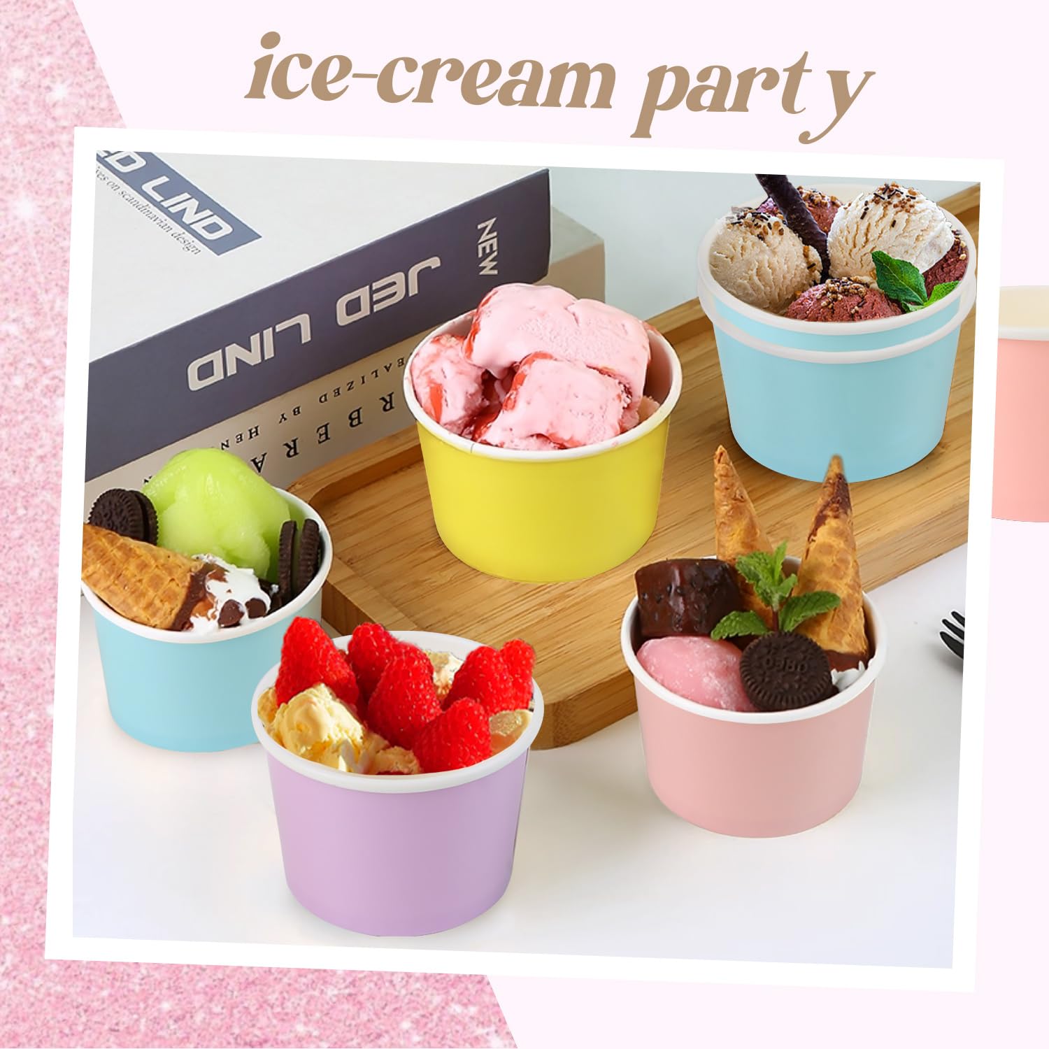 VEYLIN Paper Ice Cream Cups 100 Pack, 3oz / 130ml Disposable Colourful Dessert Cups for Ice Cream Yogurt, Hot & Cold Foods - Image 4