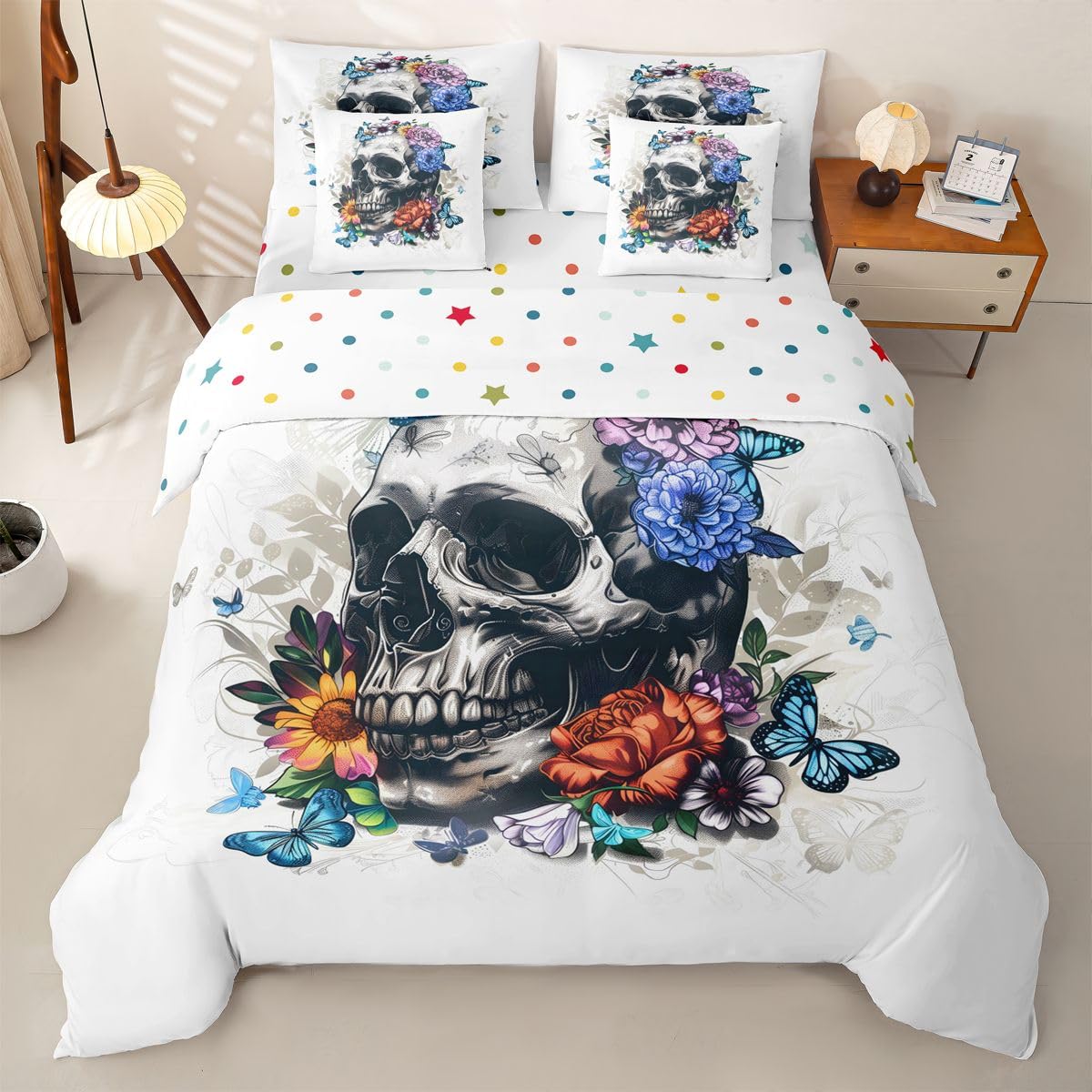 Loussiesd Set di biancheria da letto con copripiumino con lenzuola, 7 pezzi, per letto singolo, motivo: teschio, per bambini, ragazzi, ragazze, Halloween, teschio, decorazione per camera da letto