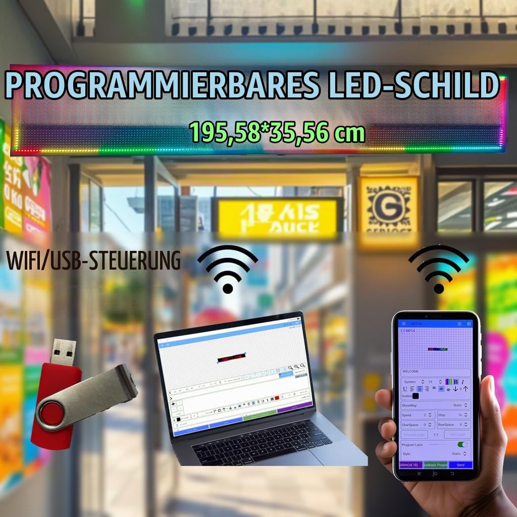 P10 LED-Großdisplay LED-Schild 192x32cm | 4000cd/m² + IP65 Allwetter | Programmierbares Leuchtschild mit SMD-Technik – Für Foodtrucks, Außenwerbung & Events WIFI/U-DISK KONTROLLE