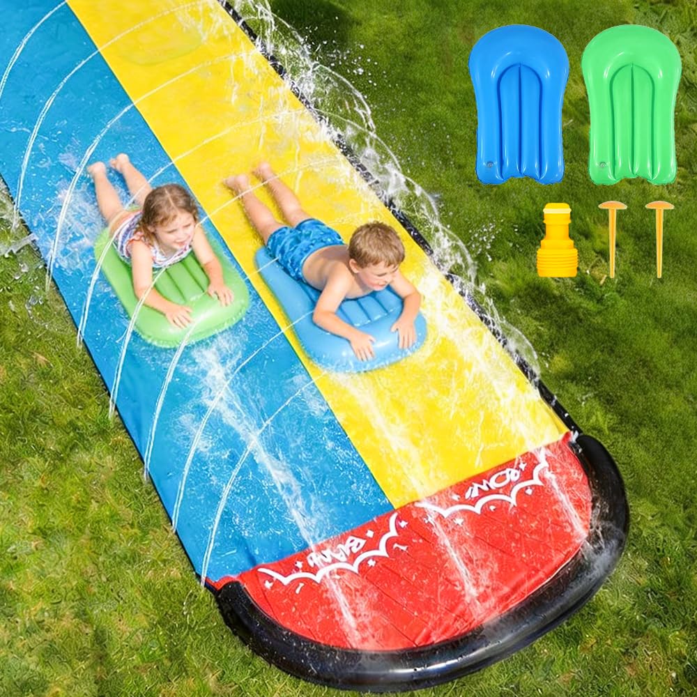 15.7ft/480cm Tapis de Glisse Eau, Double Tapis Glisse Eau avec 2 Planches, Tapis Glissant Eau avec Arroseur, Toboggan Aquatique pour Jardin, Activités Aquatiques