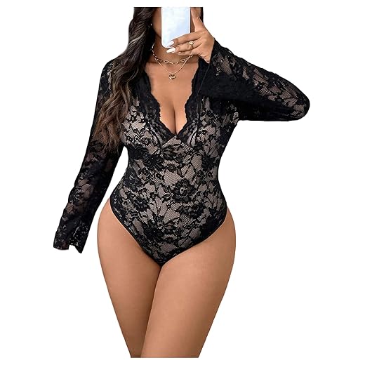 WDIRARA Women's Plus Size Sexy Floral Lace Bodysuit Deep V Neck Long Bell Sleeve Leotard Tops