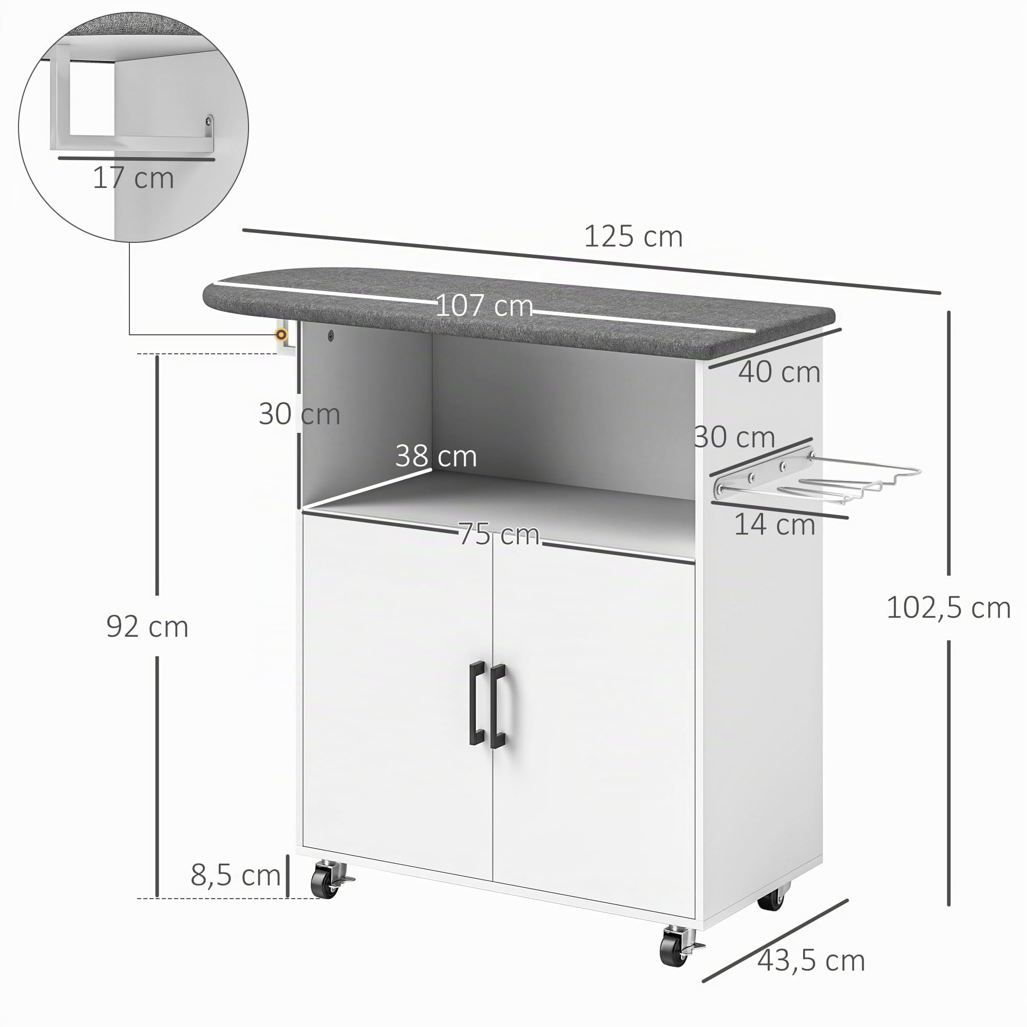 HOMCOM Bügelschrank auf Rädern Bügelbrett mit Hängebügel Offene Ablage und Bügelbrett 125x43,5x102,5 cm Weiß