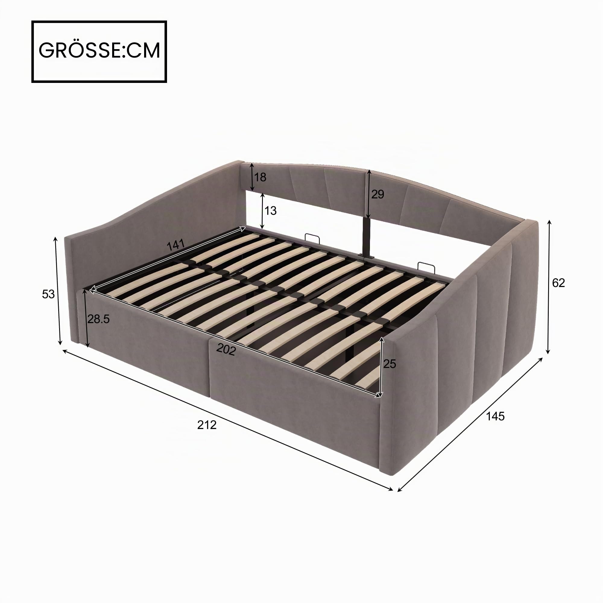 Schlafcouch mit Hydraulischer Lagerung, Bettsofa mit Lattenrost und Armlehnen, Schlafsessel multifunktional,140x200cm, Grau