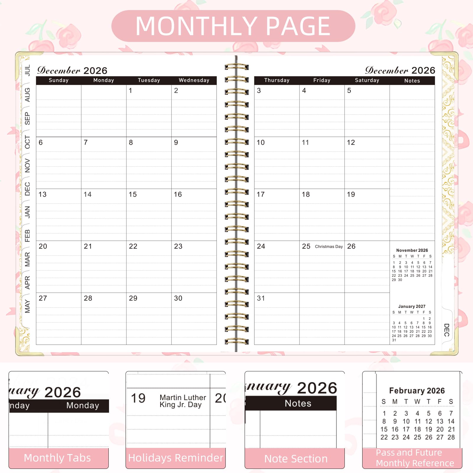 Knagsfa 2026 Monthly Planner, Jan.2026 - Dec.2026 Weekly Monthly Planner 6.25"x8.5" with Page Tabs, Calendar Hardcover with Inner Pocket, Elastic Band, Twin-Wire Binding, Bookmark, Bow Flower - Image 3