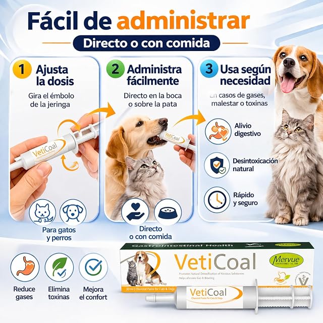 Foto 5 de 8 de Mervue VetiCoal Paste 30 ml, Pasta de Carbón Activado para Perros y Gatos, Apoyo Digestivo para Gases