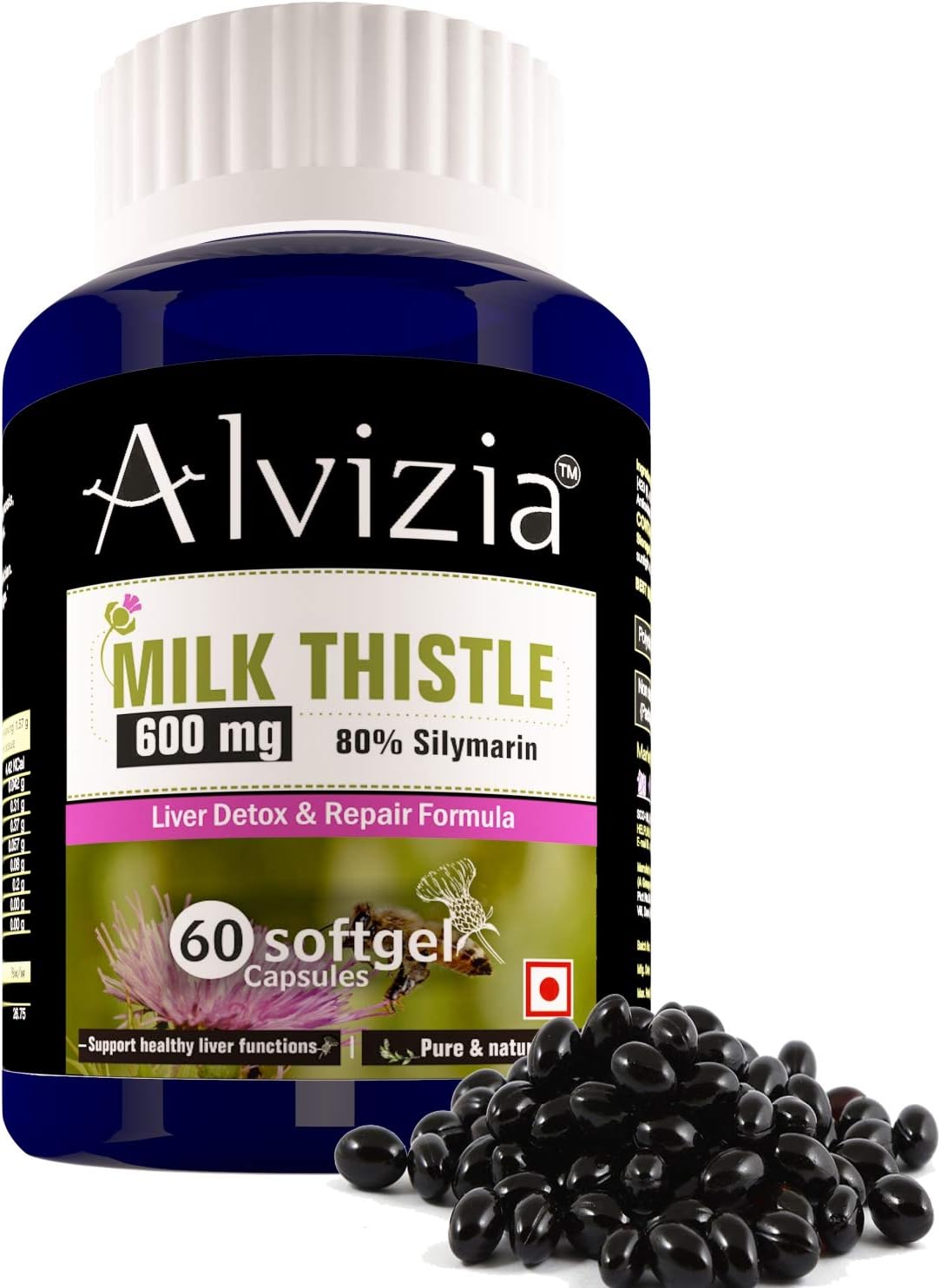 Alvizia Milk Thistle 600 Mg With 80% Silymarin (60 Softgel Capsules, 2 Month Supply) For Liver Support.