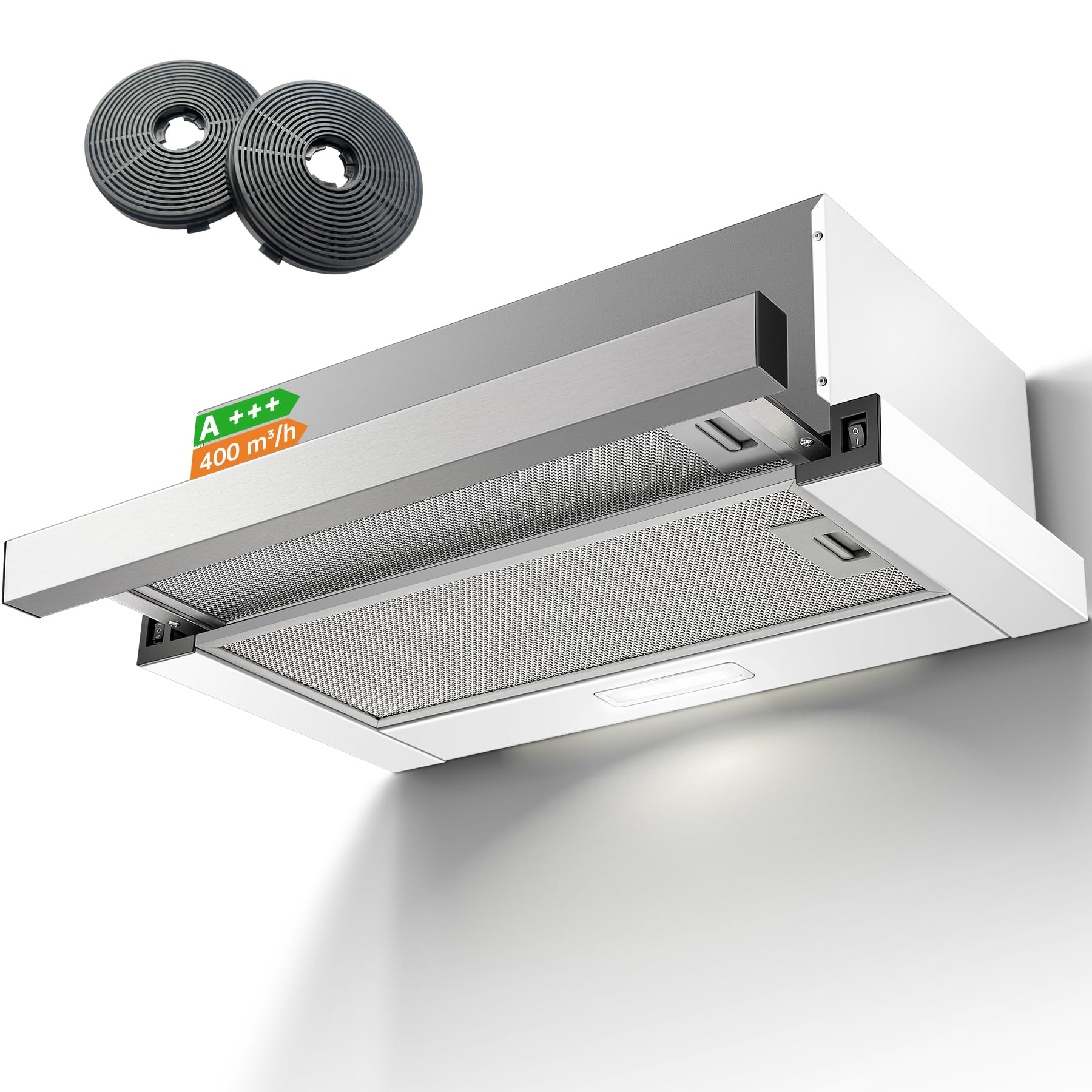 Campana Extractora 60 cm Telescópica, 400 m³/h Flujo de Aire, Superficie de Acero Inoxidable, Iluminación LED, Interruptor Basculante, Campanas Extractoras Silenciosas para Cocina