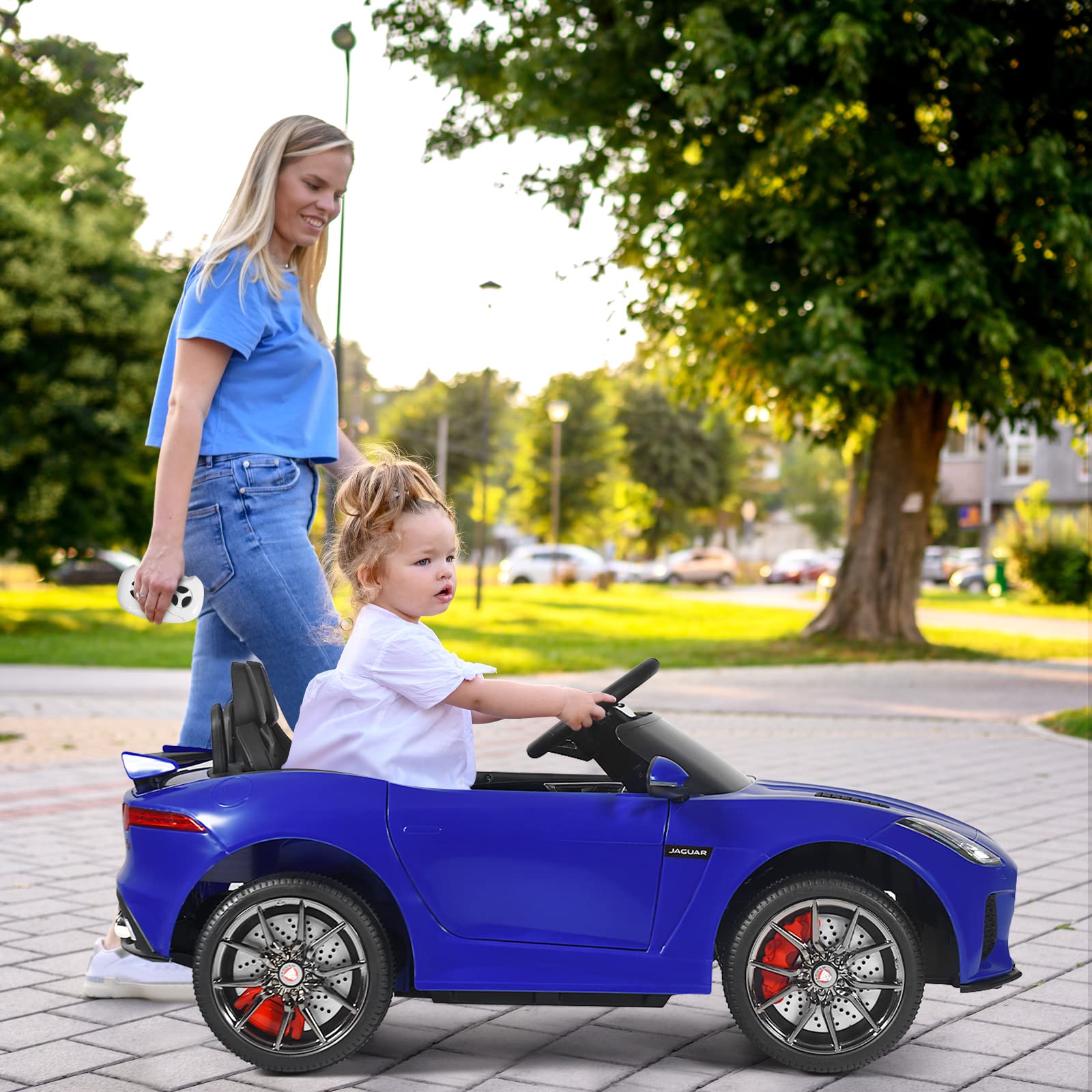 GOPLUS Elektroauto Jaguar, 12V Kinderauto mit 2,4 Ghz Fernbedienung, Softstart, LED Licht, Hupe, Musik, Sicherheitsgurt, 3-5 km/h, Kinderfahrzeug für Kinder ab 3 Jahre bis zu 25 kg (Blau)