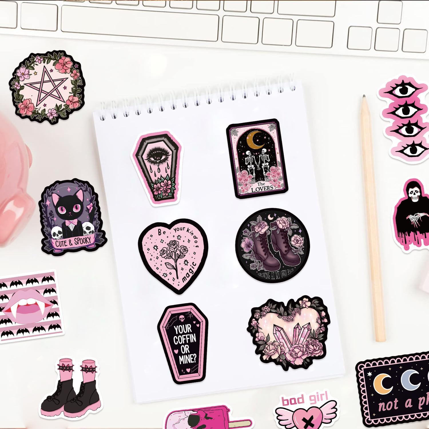 100Pcs Dark Pink Goth Stickers, Gothic Skull Stickers for Adults Mens Teens Girls, Horror Decals for Water Bottle Laptop Luggage Journal image 2