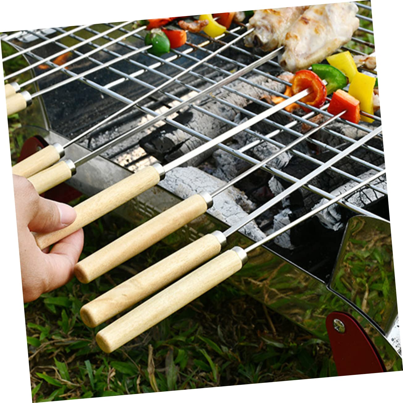 Brochetas Barbacoa De Palitos Inoxidable y Madera Duraderos y Fáciles De Limpiar