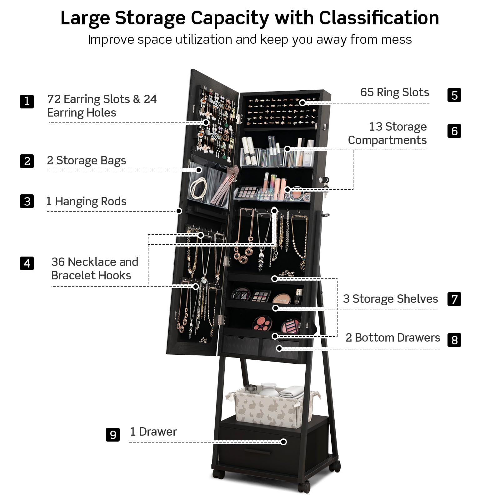 Armoire à Bijoux Murale Avec Miroir LED - Organisateur Verrouillable, Rangement Colliers, Boucles D’oreilles, Blanc - 11