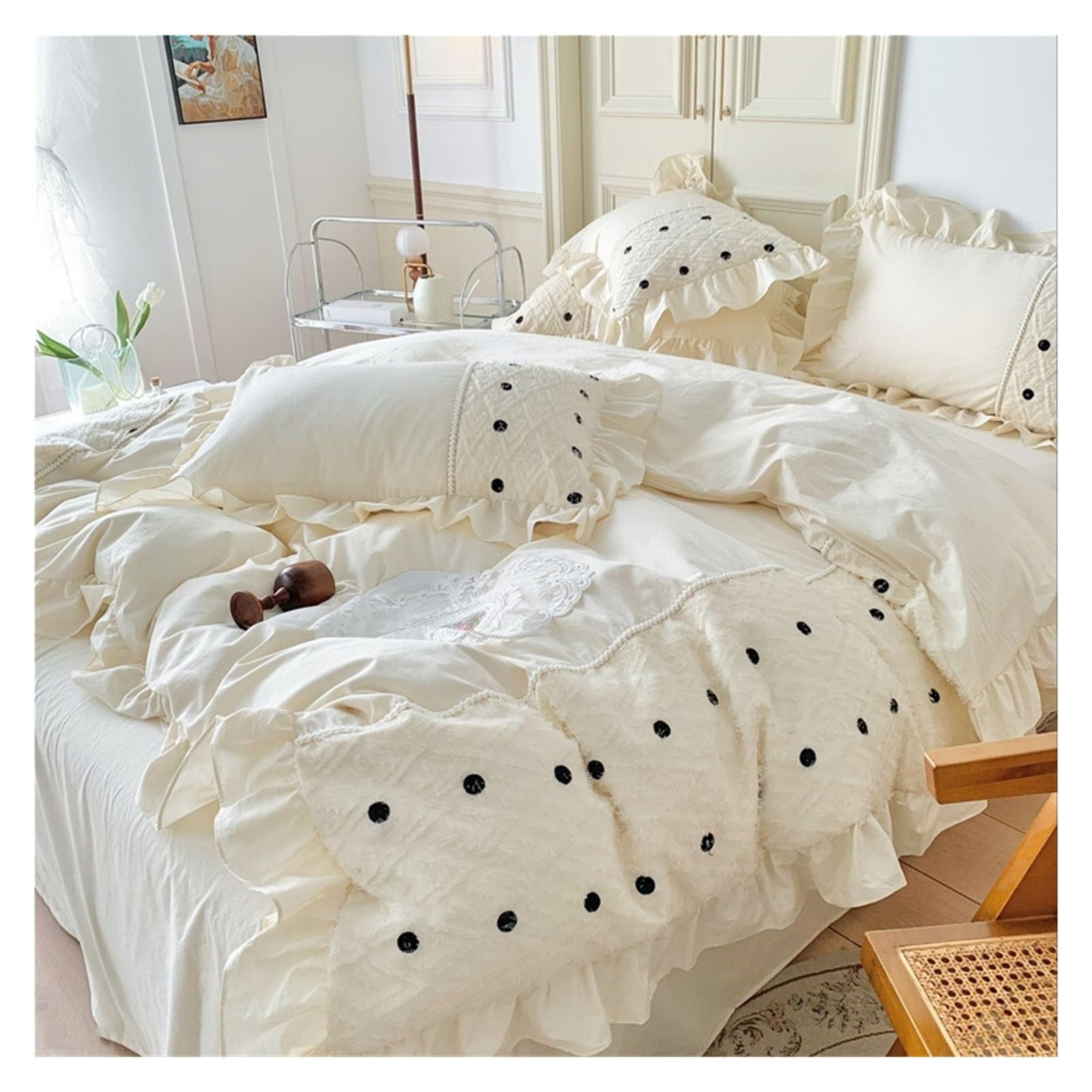 Housse couette brodée à pois blanc en coton lavé parure lit 4 pièces 200x230