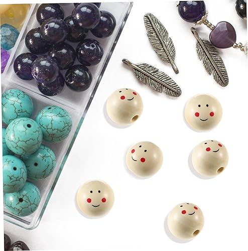 Miniatura 2 de jojofuny 20 cuentas redondas de madera de cara sonriente de 0.98 pulgadas, cuentas de madera natural con agujero para hacer joyas, pulseras,