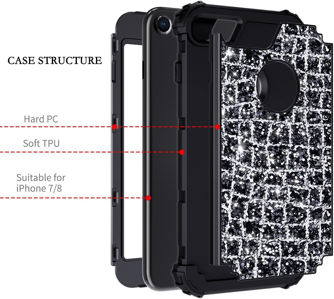 Hekodonk for iPhone 8/7 Case,3 Layer Luxury Bling Sparkle Shiny Heavy Duty Shockproof Fullbody Protective Impact Hybrid Cover for Apple iPhone 8/ iPhone 7 Bling Black