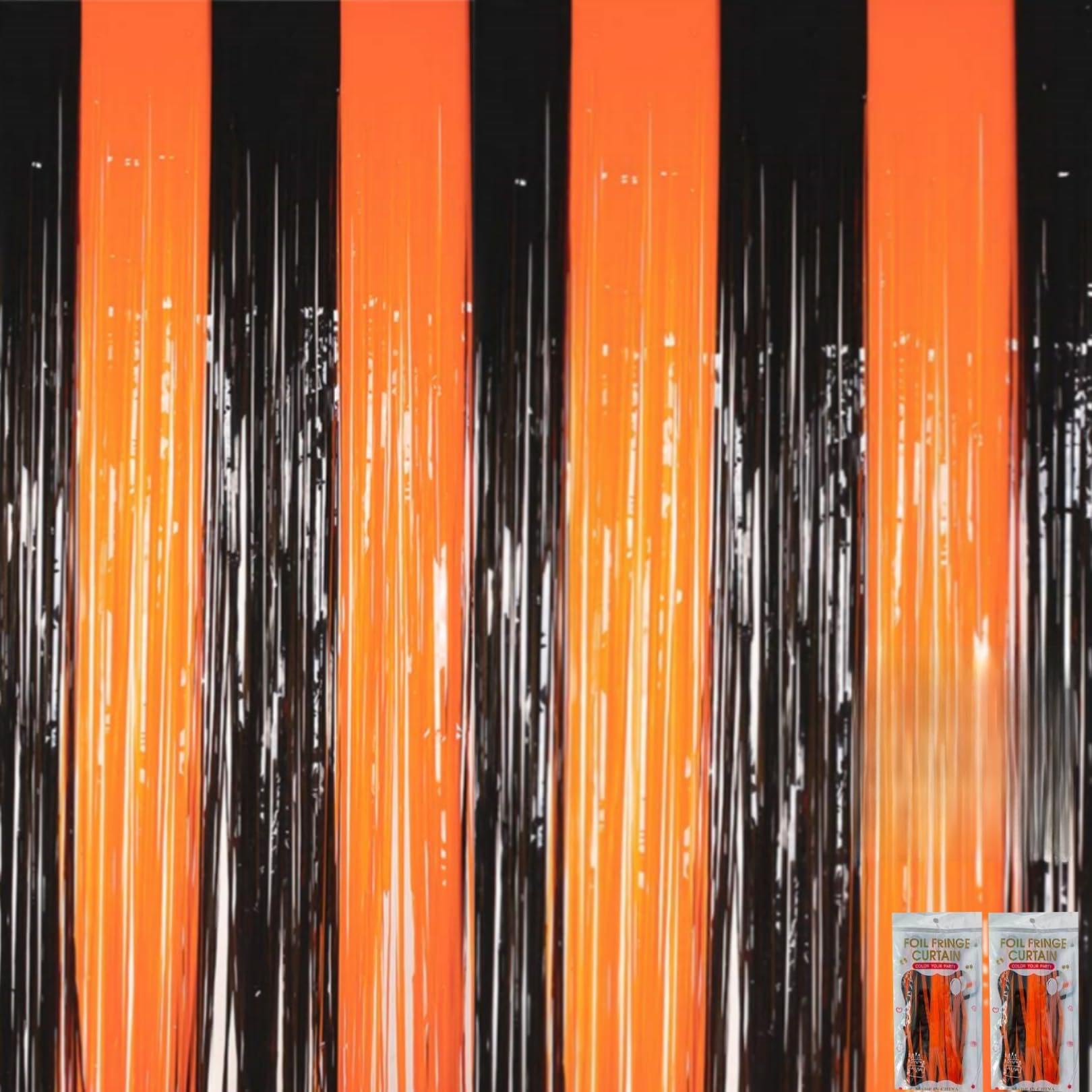 2 Pack Halloween Decorations - Orange & Black Foil Fringe Curtain Backdrop (1m x 2m) for Door, Photo Booth & Party, Door Decorations with Glitter Streamers - Indoor/Outdoor Use(Orange & Black)