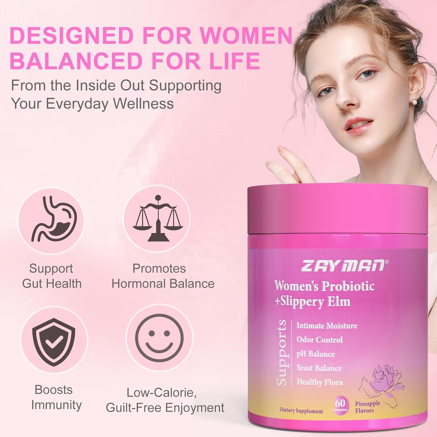 ZAYMAN Her Juicy Feminine Probiotics Gummies for Women – Pineapple Flavor, Supports Vaginal pH Balance, Digestive & Immune Health | 60 Gummies - Image 2