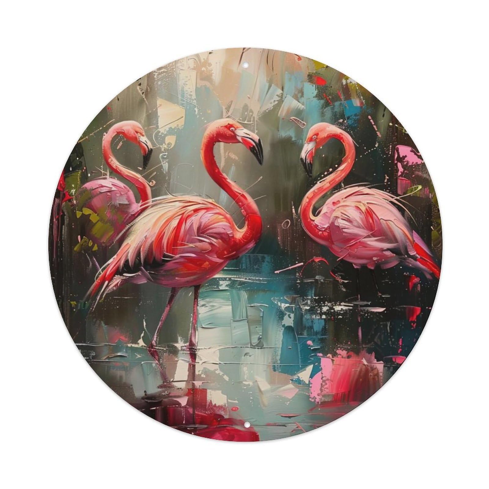 Animal Poster Oil Painting Style Flamingo Vintage Metal Tin Sign Plaque Wall Decor for Cafe, Club, Garden Round Metal Poster 8x8Inch