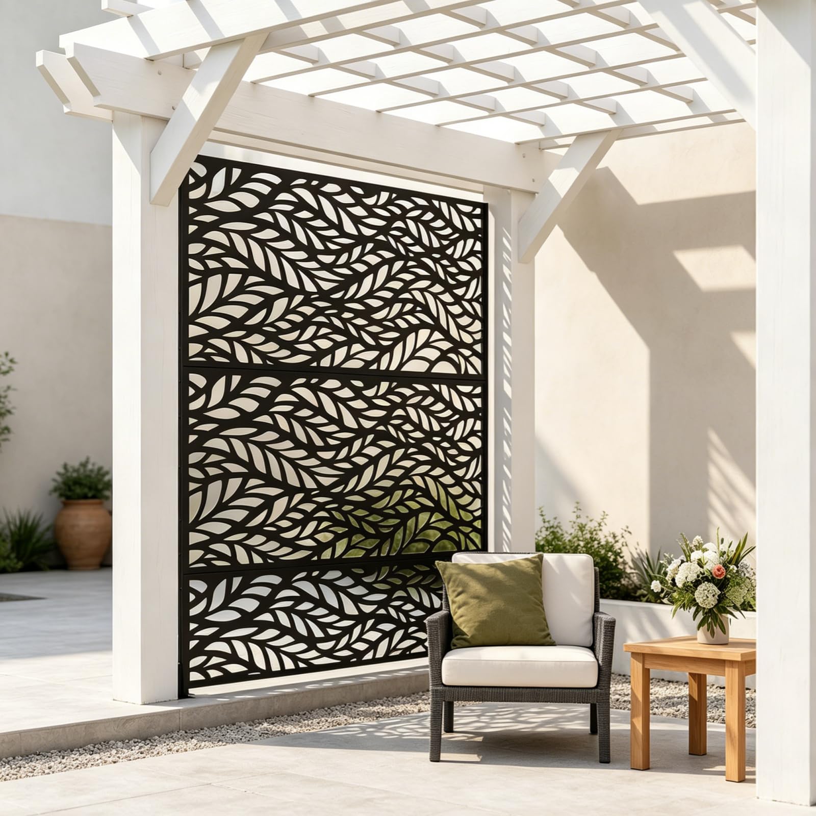 LIFEZEAL Brise-Vue en Métal, Panneau Intimité Autoportant avec Support, Motif de Feuilles, Paravent Occultant Extérieur, pour Patio, Balcon, Salle Intérieure, Jardin, Noir, 122 x 45 x 198 CM