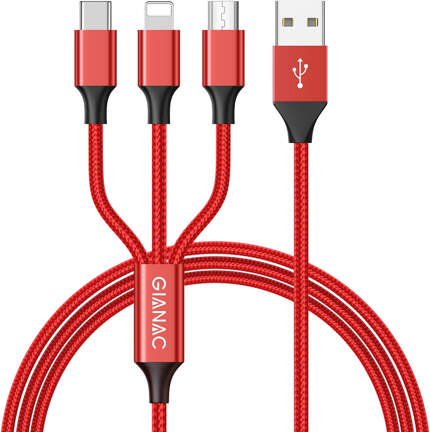 Multi Charger Cable，GIANAC 1.5M Nylon Braided 3 in 1 Multiple USB Cable with iP Micro USB Type C Connector for Phone 8 7 6 Android Galaxy S9 S8 S7 A5 J5, Huawei, Xiaomi, LG (Red)