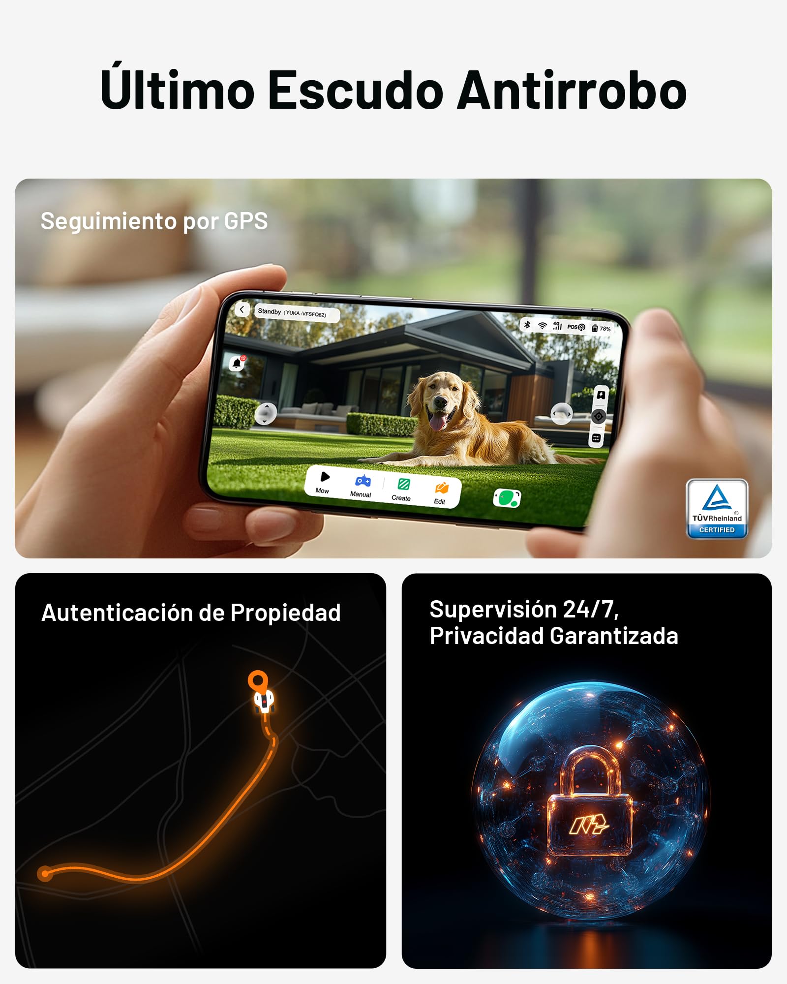 MAMMOTION YUKA 2000 Robot Cortacésped sin Cable Perimetral, Recomendado 2000m², MAX. 2400m², UltraSense AI Vision Auto-Mapeo, 45% Inclinación, Altura Corte 20-90mm Anchura Corte 320mm, con Módulo 4G