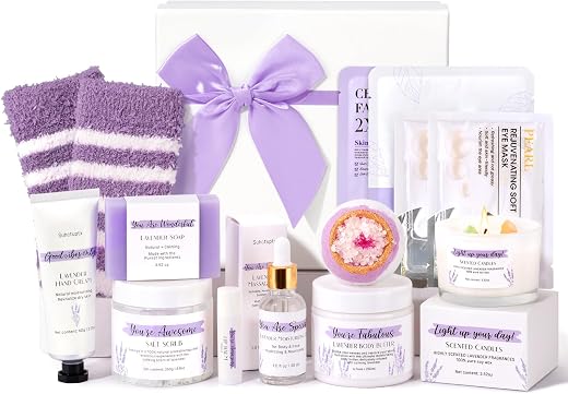 Lavender bath and body care items arranged in a gift basket