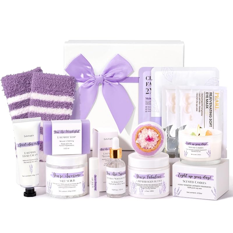 Suhctuptx Kit de banho e cuidados pessoais com 13 peças, lavanda, caixa para presente
