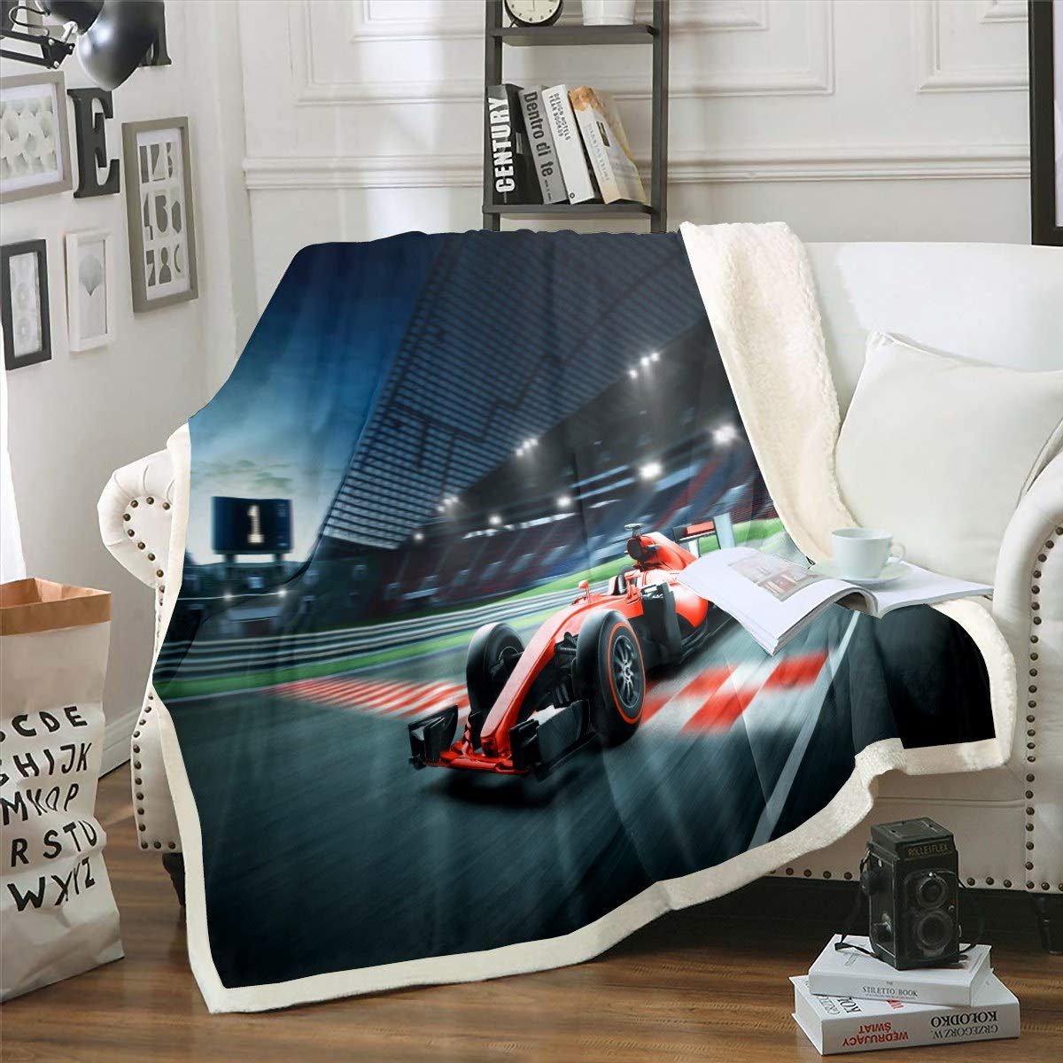 Loussiesd Racing Car Sherpa Blanket Extreme Sports Theme Blanket for Kids Boys Car Sports Competition Sherpa Throw Automobile Style Plush Blankets Room Decor Fuzzy Double 60"x79"