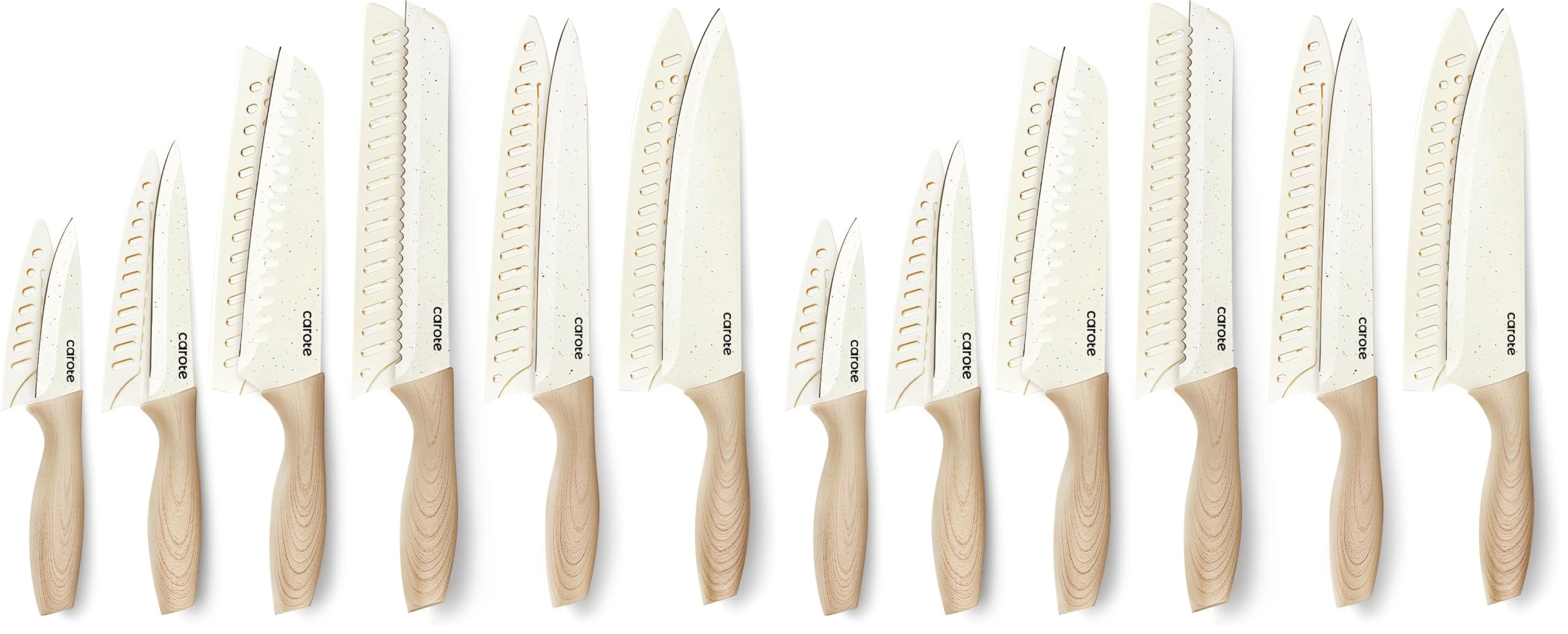 CAROTE 12PCS Knife set with Blade Guards,Granite Nonstick Ceramic Coating,Stainless Steel blade, Anti-Slip Handle, Essential Knives, Rustproof, White (Pack of 2)