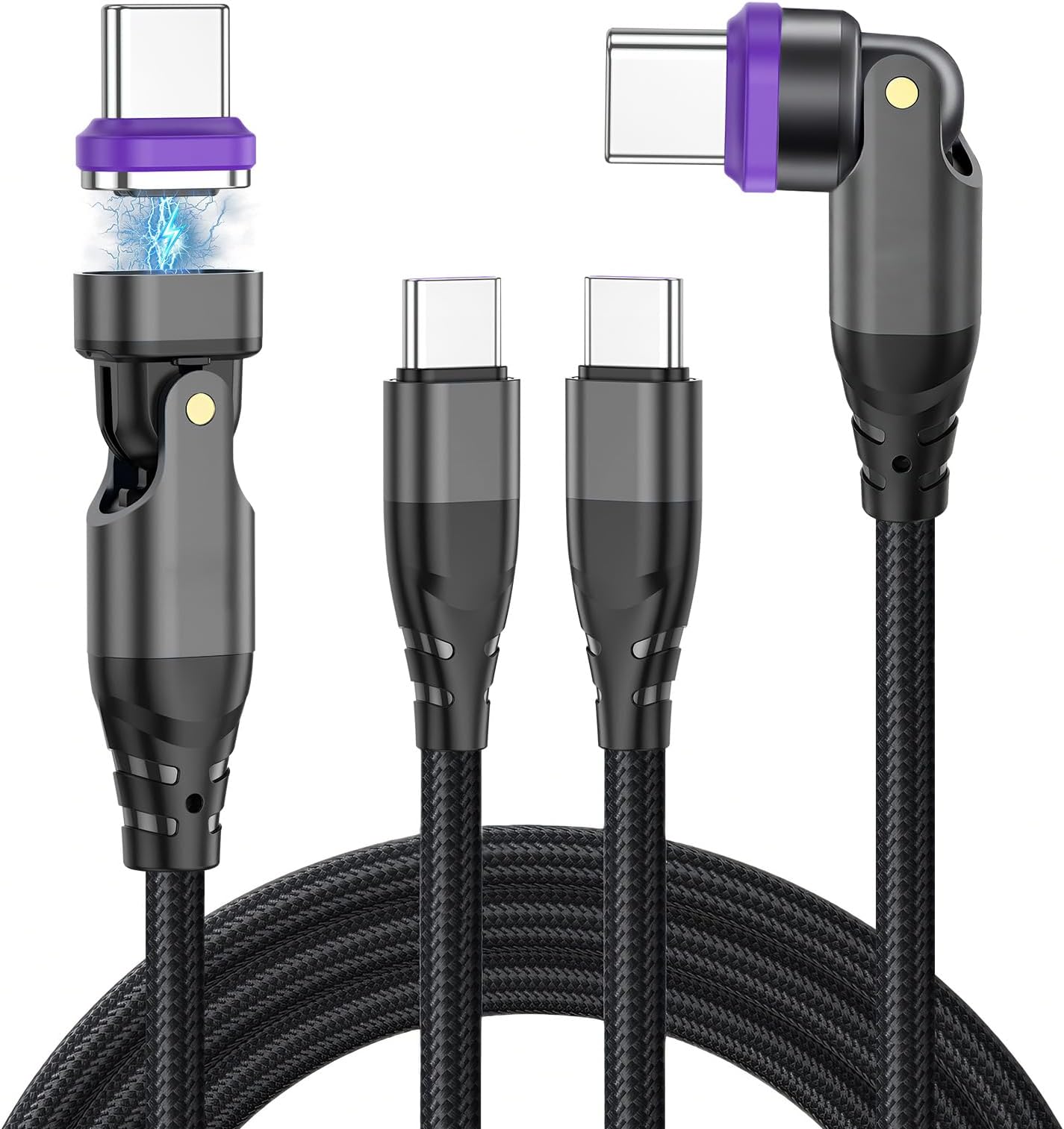 240W Magnetic Charging Cable USB C to USB C (2Pack, 1m/1.8m), 16Pins 180° Rotatable Magnetic Cable 48V/5A 480Mbps Fast Charging Data Transfer for Tablet Laptop MaBook Smartphone