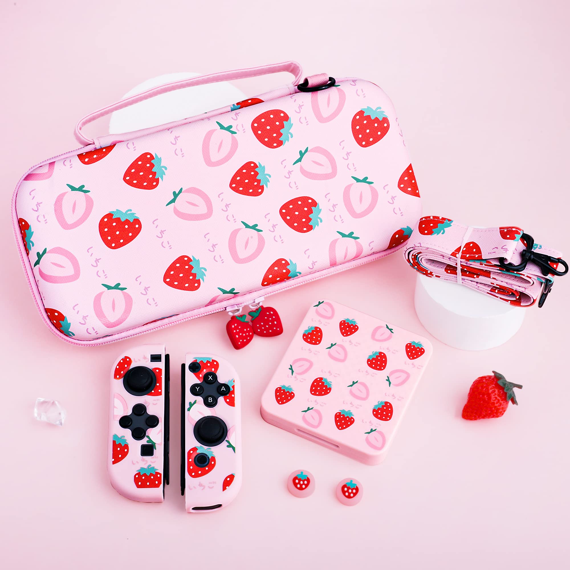 RHOTALL Étui de Transport pour Nintendo Switch et OLED, étui de Voyage Rigide et Portable pour Accessoires Switch avec étui de Jeu, 2 Coques Joy Con, bandoulière et 2 Capuchons de Pouces, Fraise Rose