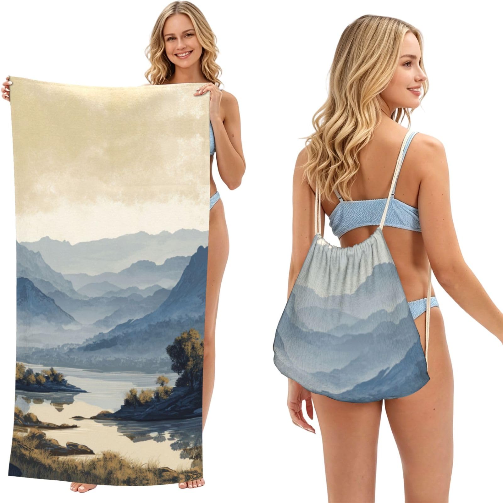 ESNAIUVCD Mountains And Rivers Print Beach Towel For Adults,Towel With Drawstring Bag, Travel Pool Swimming Sports Shower Sand Free Quick Dry Bath Towel For Pool, Beach, Yoga- 180x60cm