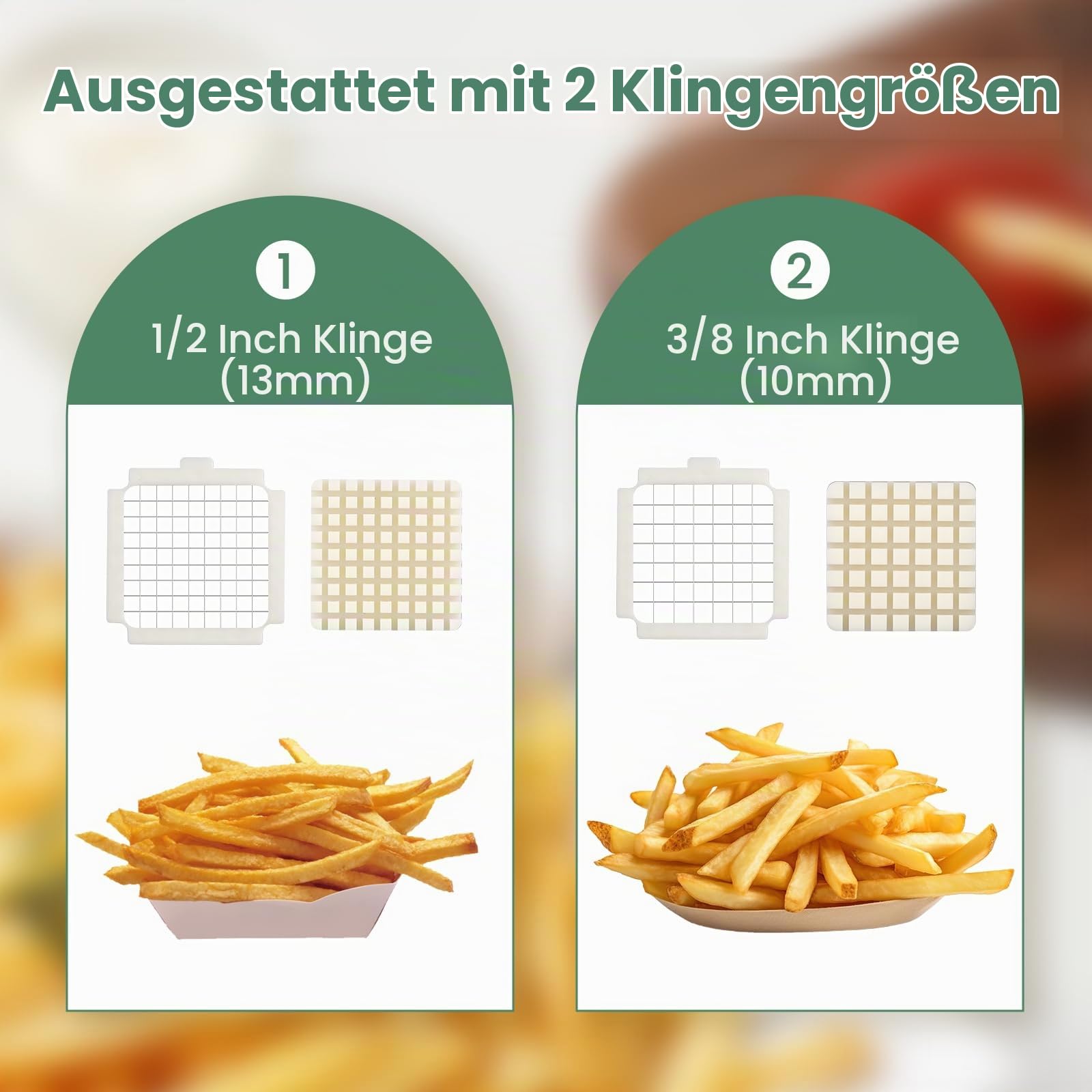 Huanyu Elektrischer Pommes-Frites-Schneider Elektrischer Kartoffelschneider mit 2 Klingengrößen Multifunktionaler elektrischer Gemüseschneider für Kartoffeln, Karotten und Gurken (Grün)