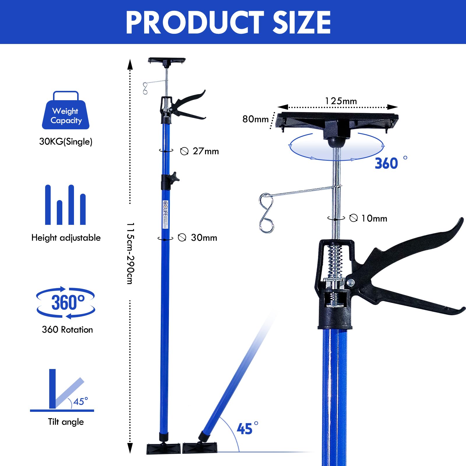 CCLIFE 2 pezzi Sostegno a Soffitto Puntello per solai Telescopico di Sostegno Carico Fino a 30 kg Lunghezza regolabile 115-290 cm