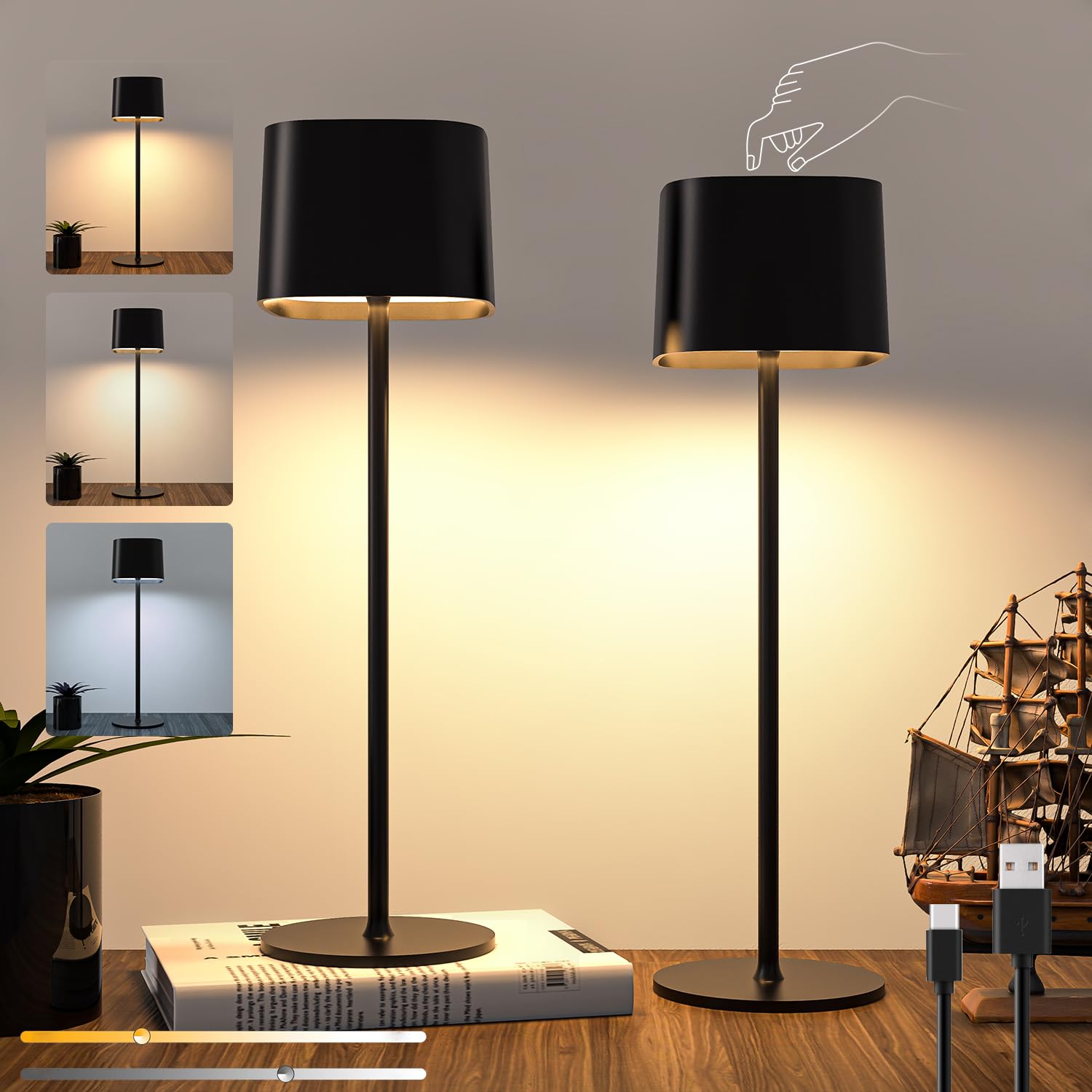 2 Piezas lámparas de Mesa inalámbricas, lámpara de Escritorio LED portátil Recargable, Batería de 5600 mAh, Lámparas de Mesita sin cable de noche táctil Regulable, para Interior/Exterior, Cafetería