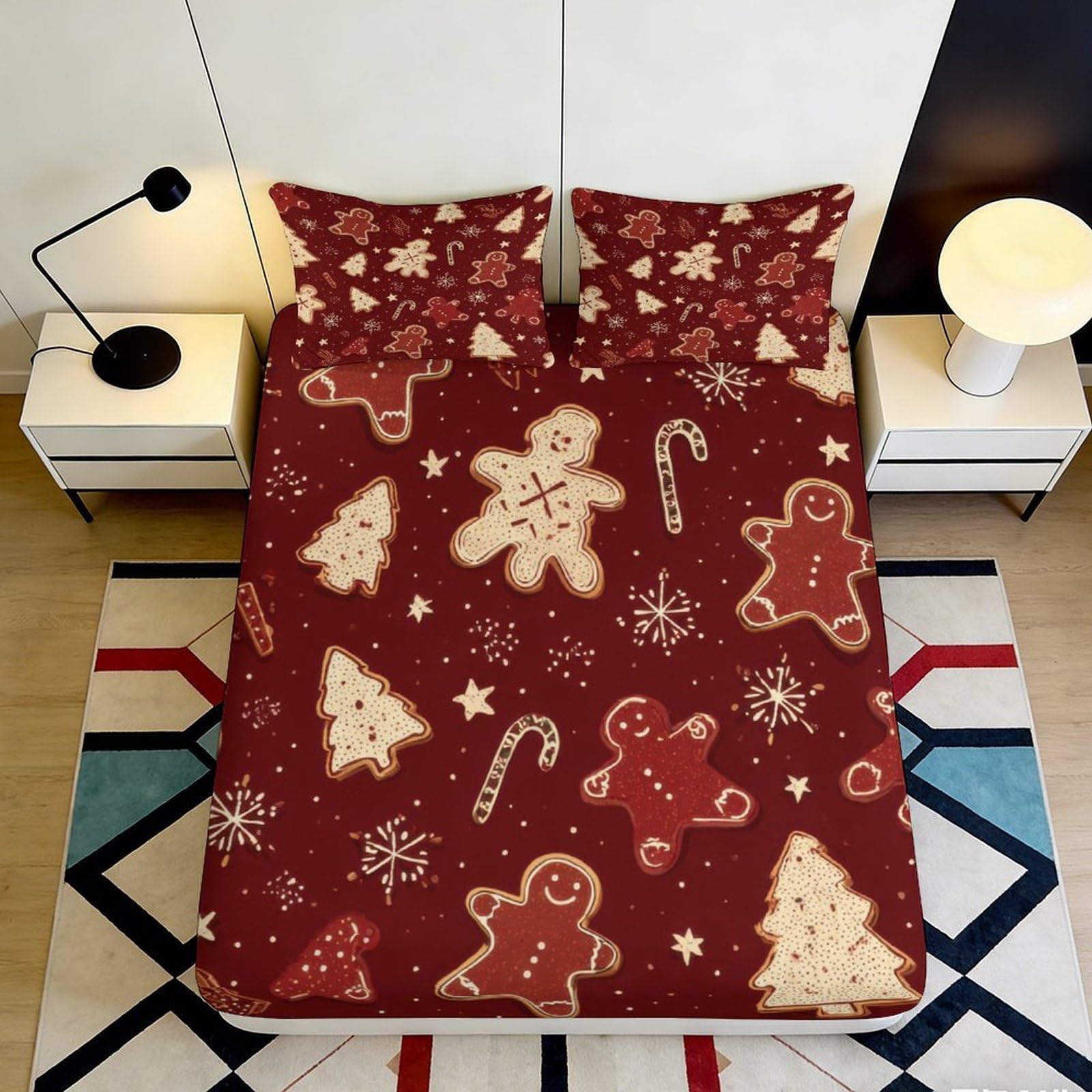 3D Printed Gingerbread Cookie Fitted Sheet Microfiber Soft Christmas Candy Cane Mattress Cover for Bedroom Decor 90x200x25cm