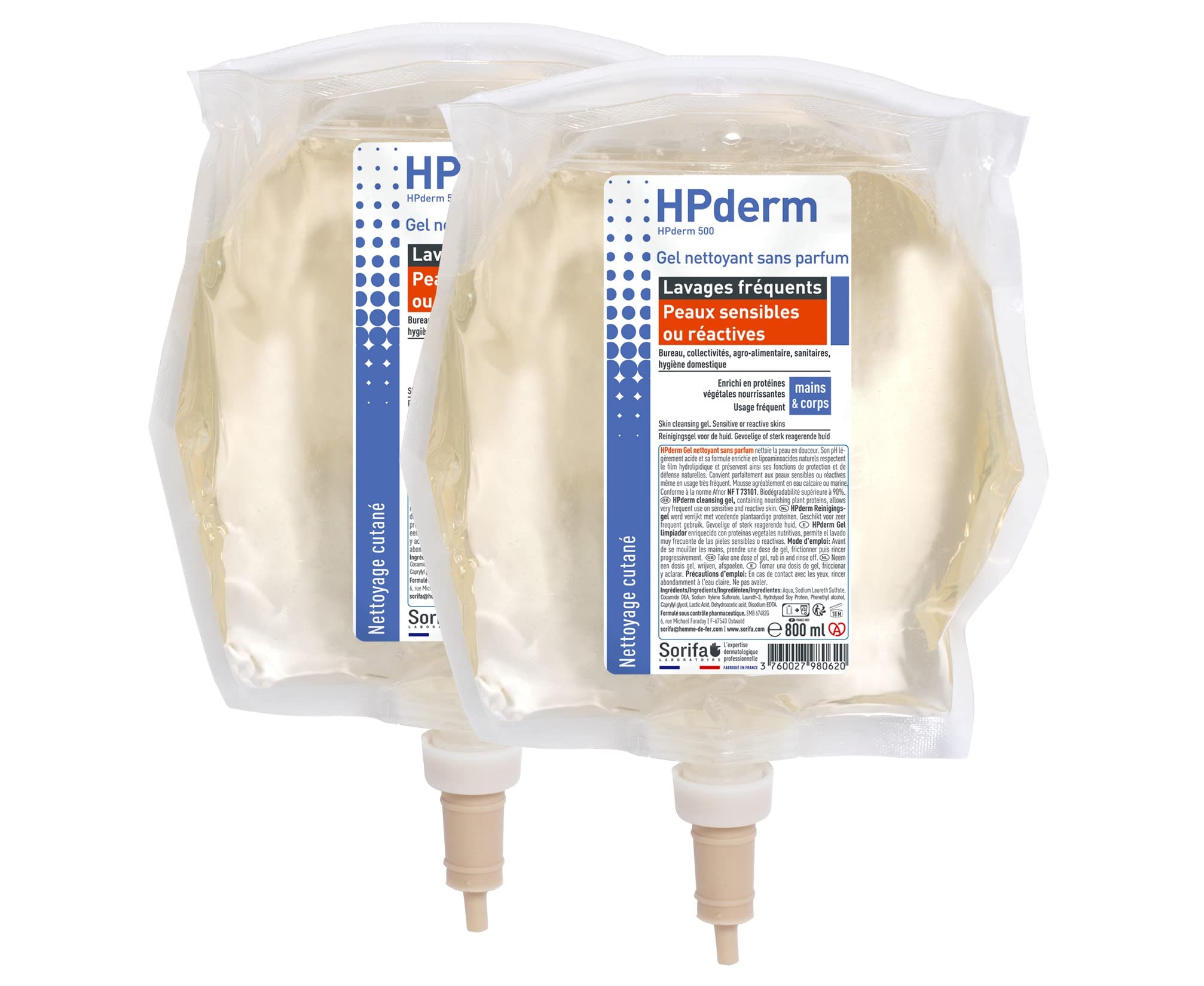 Lote de 2 – Gel limpiador HPderm sin perfume, lavado frecuente – piel sensible, reactiva – pH neutro, sin jabón – bolsillo 800 ml