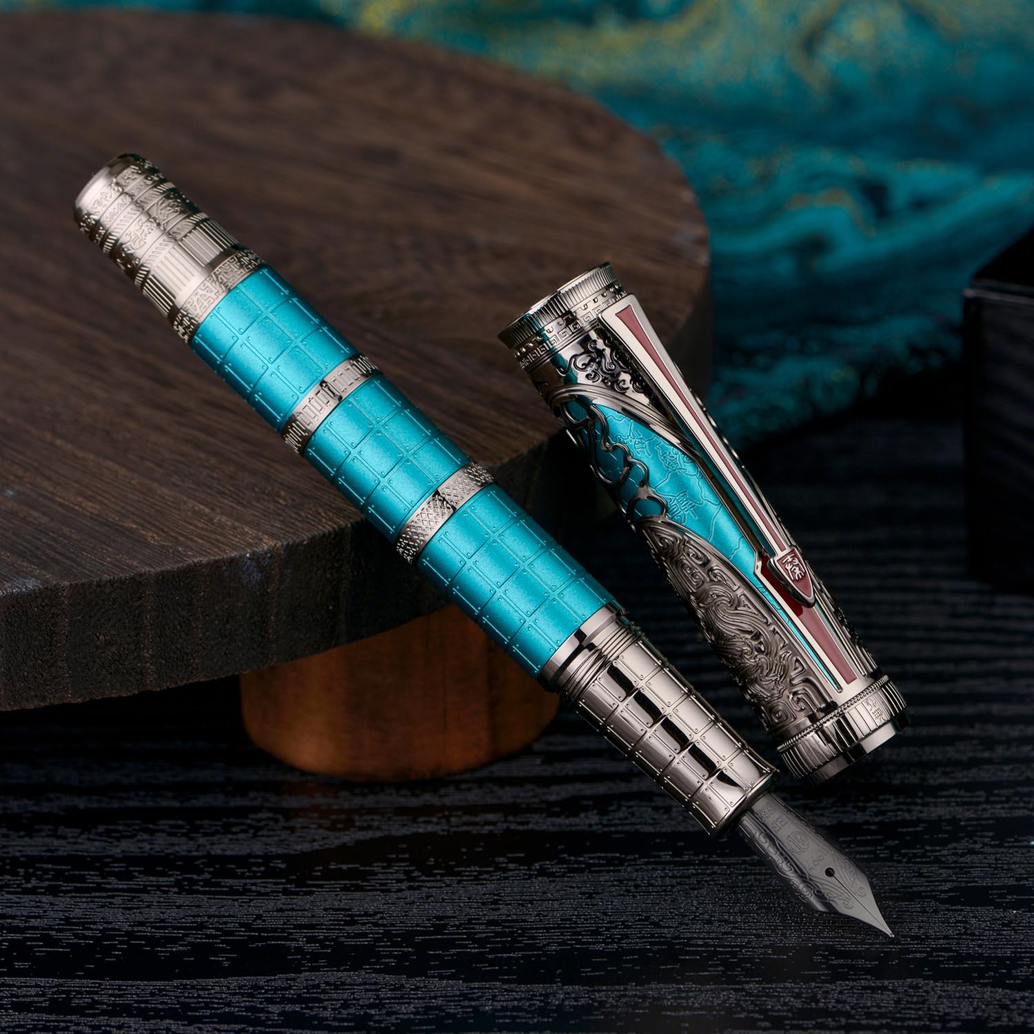 Hongdian D5X Fountain Pen Turquoise Extra Fine Nib, Qin Dynasty Retro Chinese Totem Engraving Smooth Writing Pen with Converter and Pen Box Set - Image 4