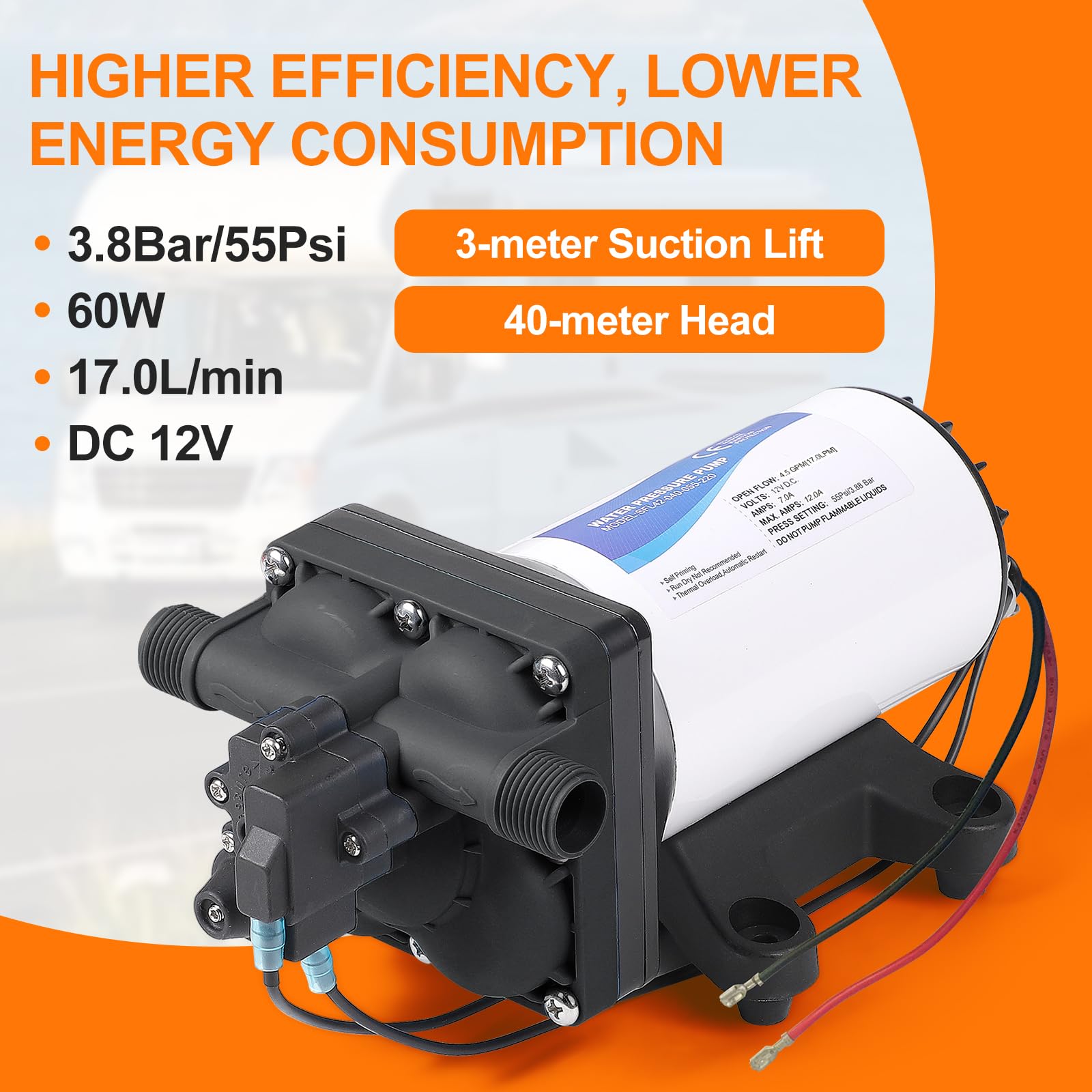 CPROSP Druckwasserpumpe 12v Wohnmobil 17L/min 60W, Membranpumpe Förderhöhe: 40M, Wasserpumpe Selbstansaugend Druckschalter 3.8Bar (55Psi), 4-Kammer-DC-Wasserpumpe für, Yacht, Camper, Marine, IP65