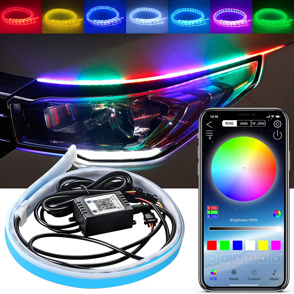 KaiDengZhe Car LED Headlight Surface Strip Tube Light RGB Multi Color APP Control 23.6 Inch Flexible LED Daytime Running Light Strip Neon - 2PCS