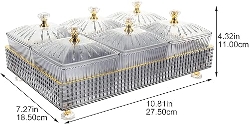 Miniatura 2 de Bandeja de frutas secas con tapa, 6 compartimentos para servir nueces y dulces, bandeja de aperitivos, caja de almacenamiento de alimentos, plato de