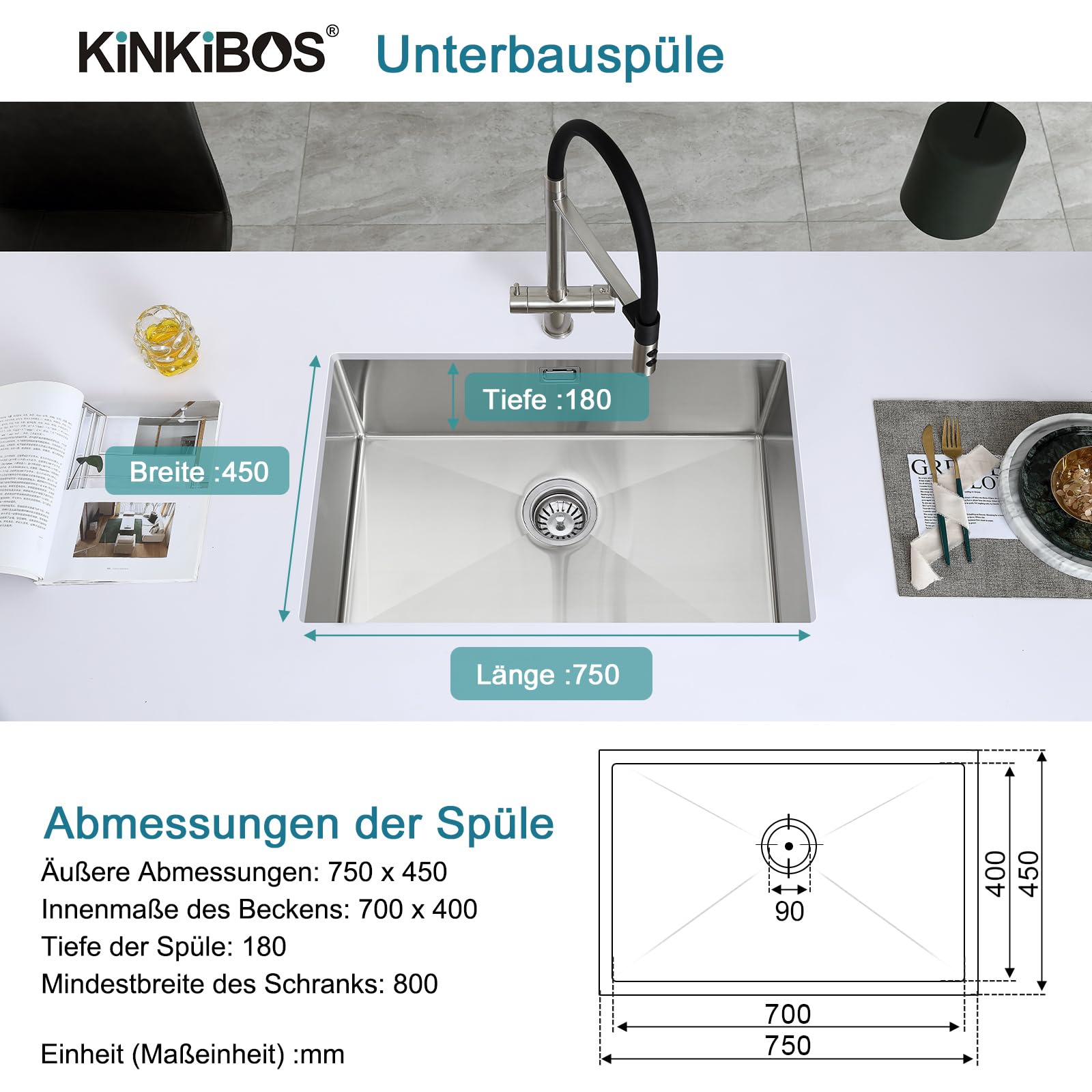 Fregadero rectangular de acero inoxidable 304, bajo encimera de 75 x 45 cm, fregadero para bajo encimera de acero inoxidable, con rebosadero, fregadero de cocina con rebosadero, 1 lavabo