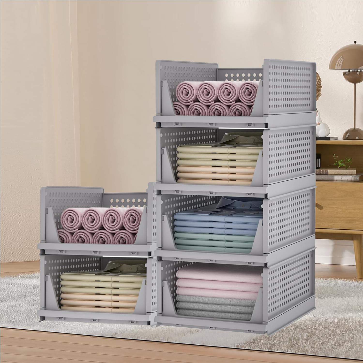 Kuber Industries Lot de 6 organiseurs de rangement, organiseur de garde-robe pour vêtements, organiseur de placard, boîte empilable pliable pour chemise, boîte en tissu pour Almirah | Panier de