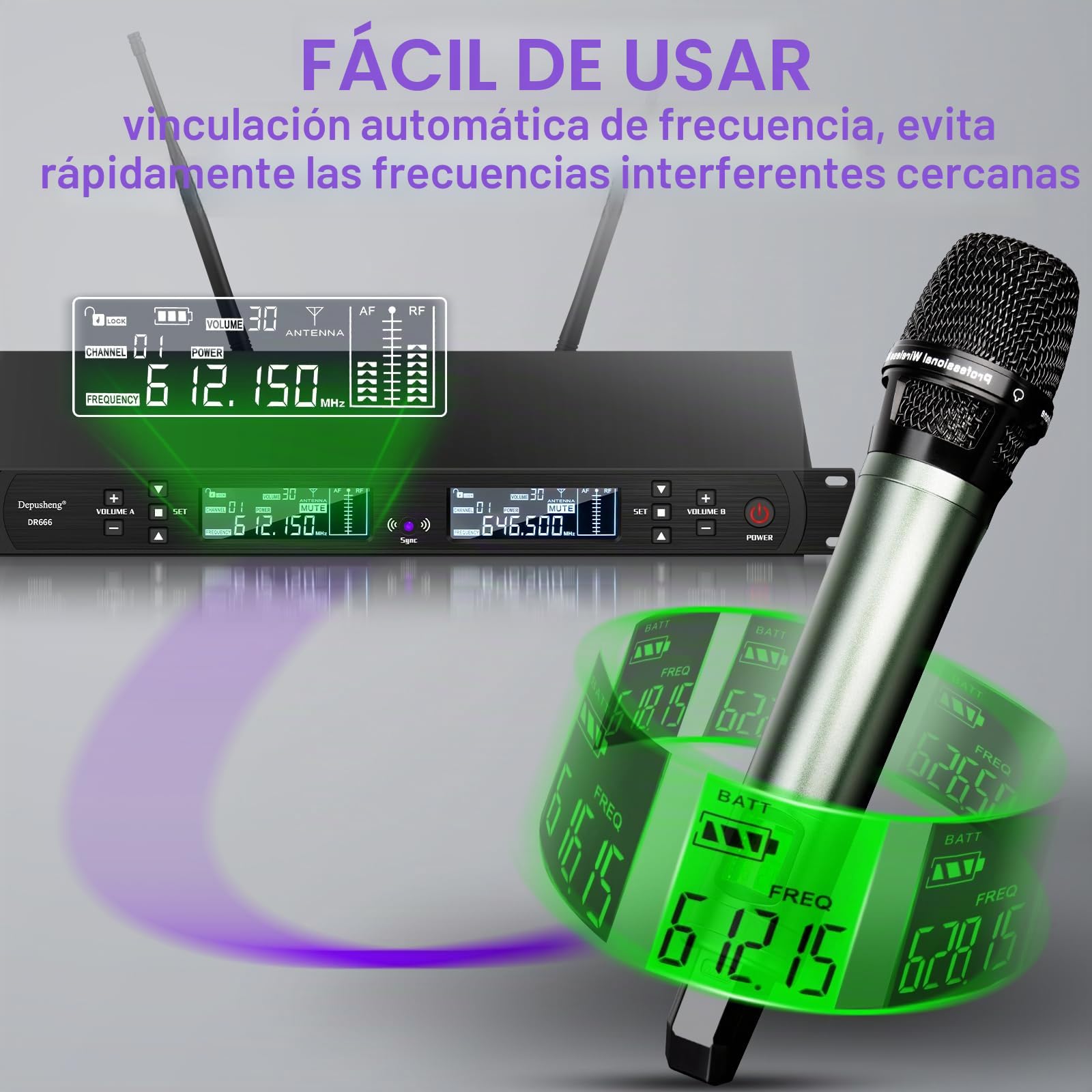 Depusheng DR666 Micrófono inalámbrico Profesional Karaoke 2 micrófono inalámbrico portátil Carcasa de Metal recepción de Larga Distancia 100 Metros dedicado para el Escenario de la Barra