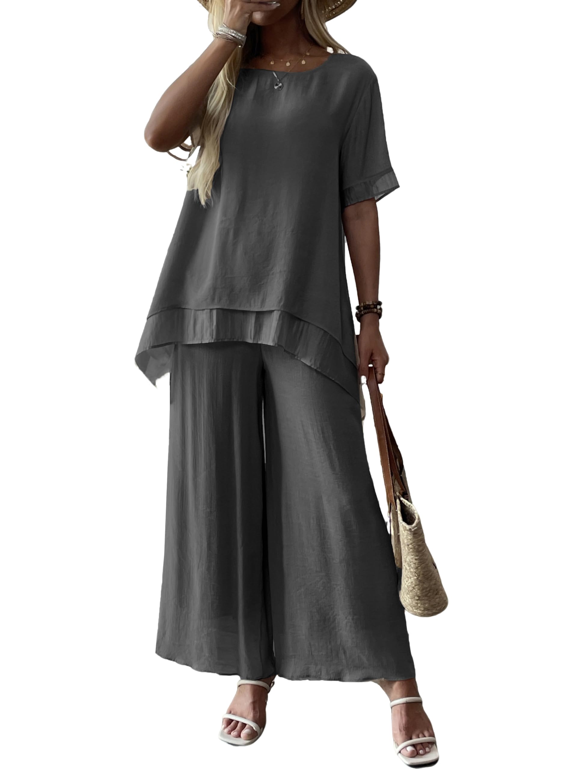 Fakanhui Completo da donna in lino a 2 pezzi, con ampia vestibilità e camicetta, estiva, elegante, a gamba larga, pantaloni a palazzo