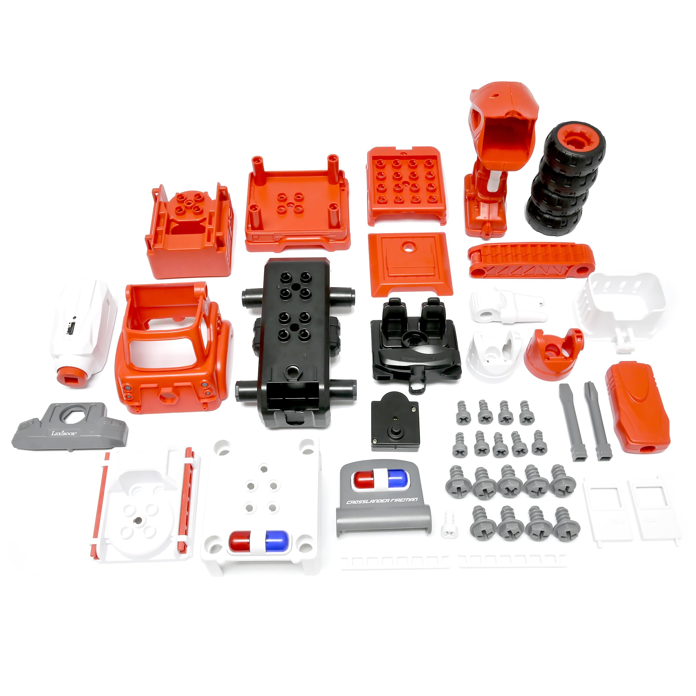 Lexibook, Crosslander Fireman Rc, Zdalnie Sterowany Wóz Strażacki do Złożenia, 3 Możliwe Konstrukcje, 33 Części, w Zestawie Śrubokręty Elektryczne i Ręczne, RCP25