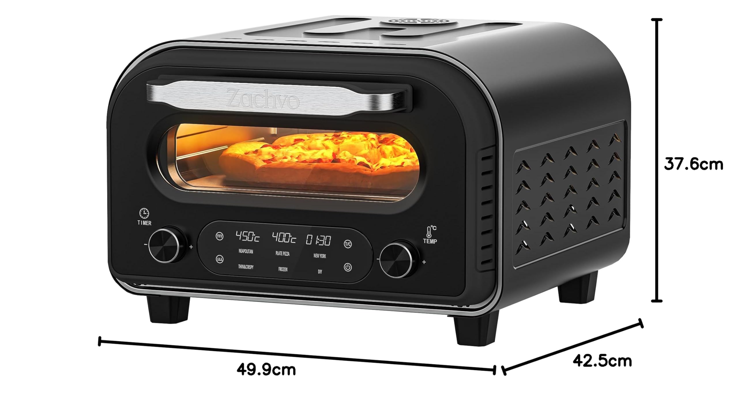 Elektrischer Pizzaofen - bis 450℃, 5 voreingestellte Pizzaarten, 1-60 Min Timer, Touchscreen & Drehregler, Edelstahlgehäuse, für 32cm Pizza, inkl. Pizzastein, Pizzaschieber, Rezeptbuch, Schwarz