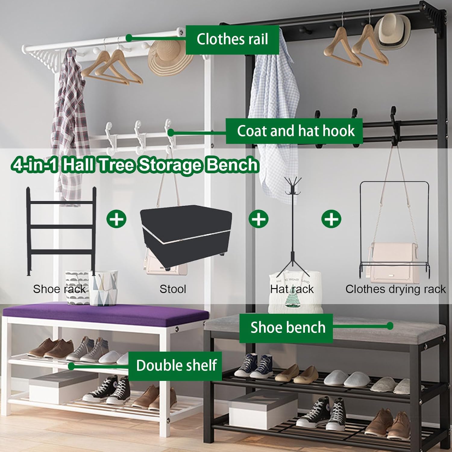 Entryway Hallway Storage Shoe Cabinet，Coat Stand，Coat Rack Shoe Bench 4-in-1 Shoe Bench Coat Stand Freestanding Hanger, Hall Tree, Entryway Bench Shoe Rack for Entryway with Shoe Rack,Velvet