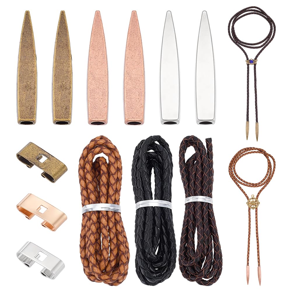 NBEADS 12 Pcs Bolo Tie Findings Kit, Bolo Tie Buckle Accessories with 6Pcs Zinc Alloy Cord Ends 3Pcs Iron Slide Clasps and 3.27 Yards(3m) Braided Cowhide Leather Cord for Bolo Tie Making
